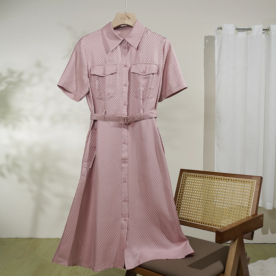 桑蚕丝连衣裙时尚显瘦宽气质法式碎花夏季复古LW  L6616   藕粉色