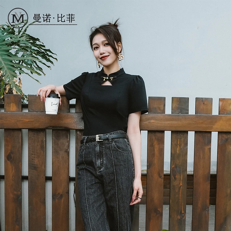 【诗语专属】曼诺比菲新中式国风旗袍领短袖T恤MFBT151001