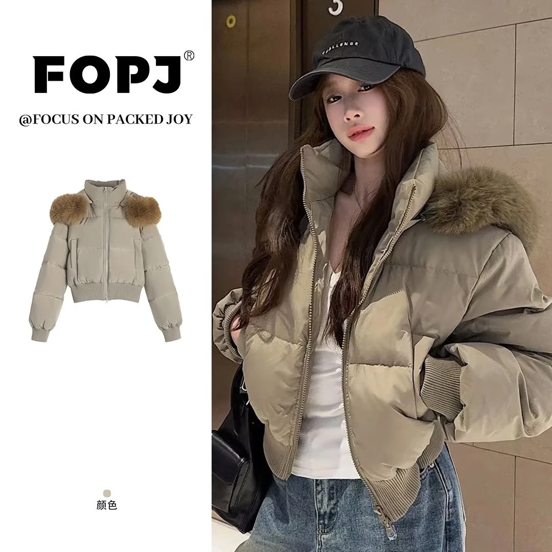 FOPJ时尚韩系复古座山雕毛领棉服短外套女设计感加绒保暖连帽上衣