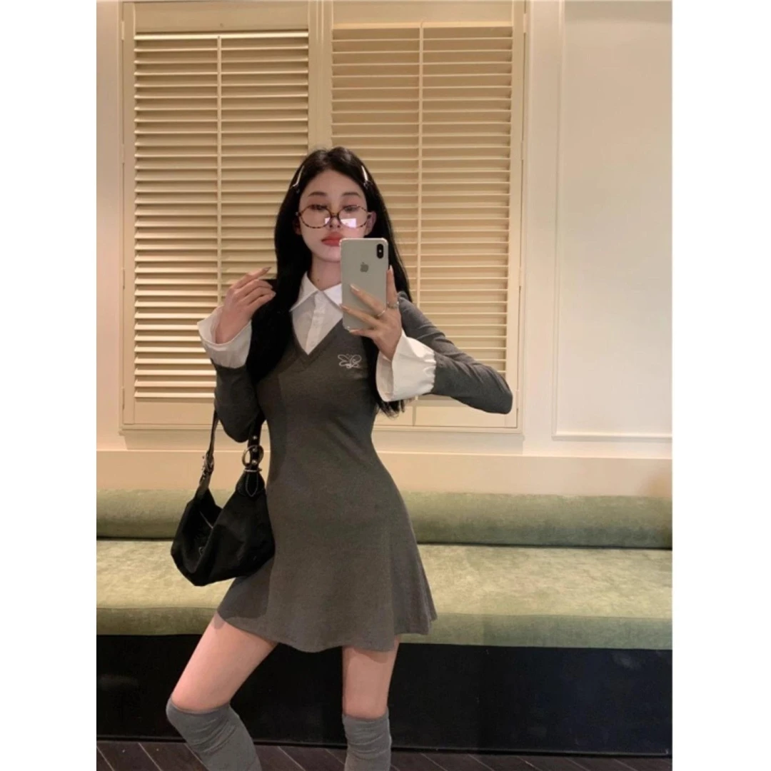假两件灰色针织连衣裙子女秋冬季2025新款气质辣妹打底内搭包臀裙