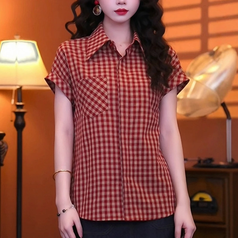 红色格子设计感短袖衬衫女2025夏季新款时尚显瘦减龄遮肉复古上衣