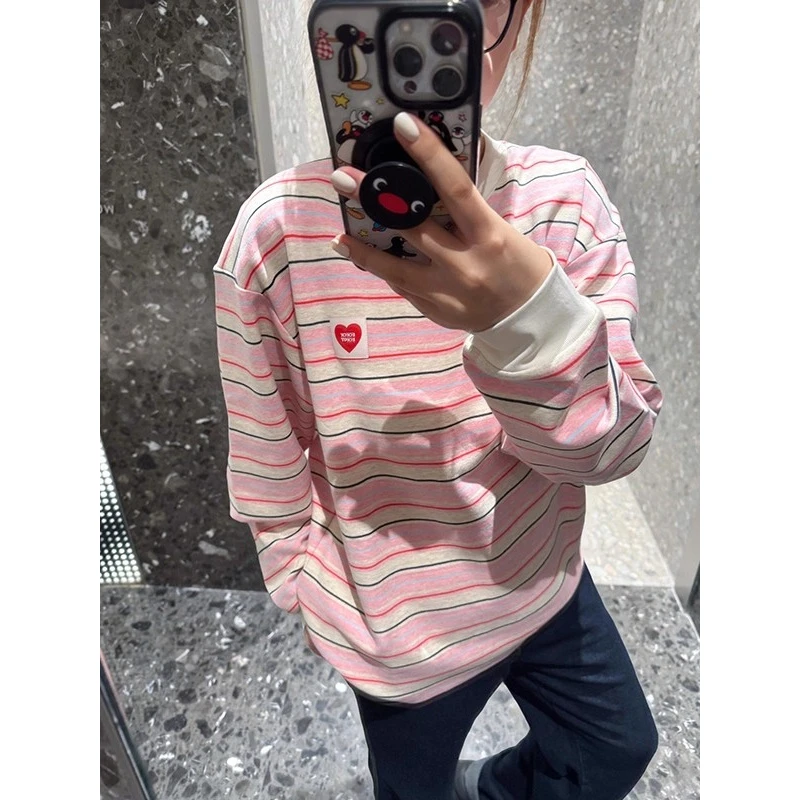 粉色条纹慵懒美式撞色长袖t恤女秋季百搭打底衫设计感小众INS上衣