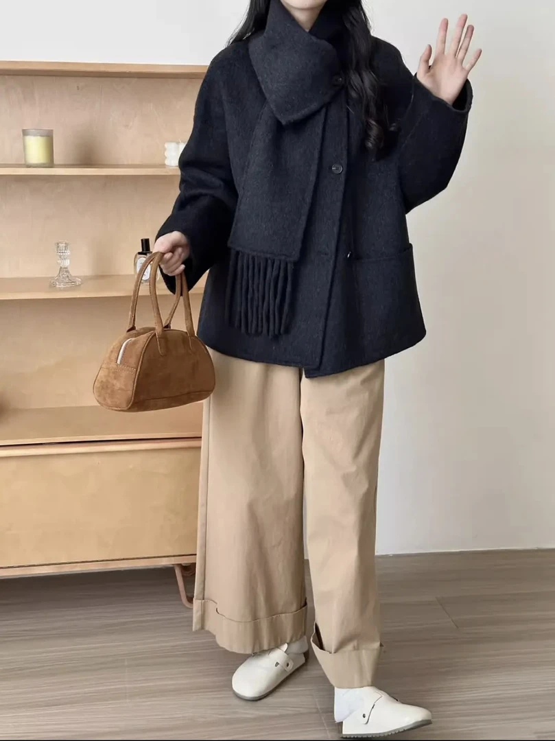 围巾款双面毛呢大衣女短款高级感韩系冬季时尚宽松休闲呢子外套