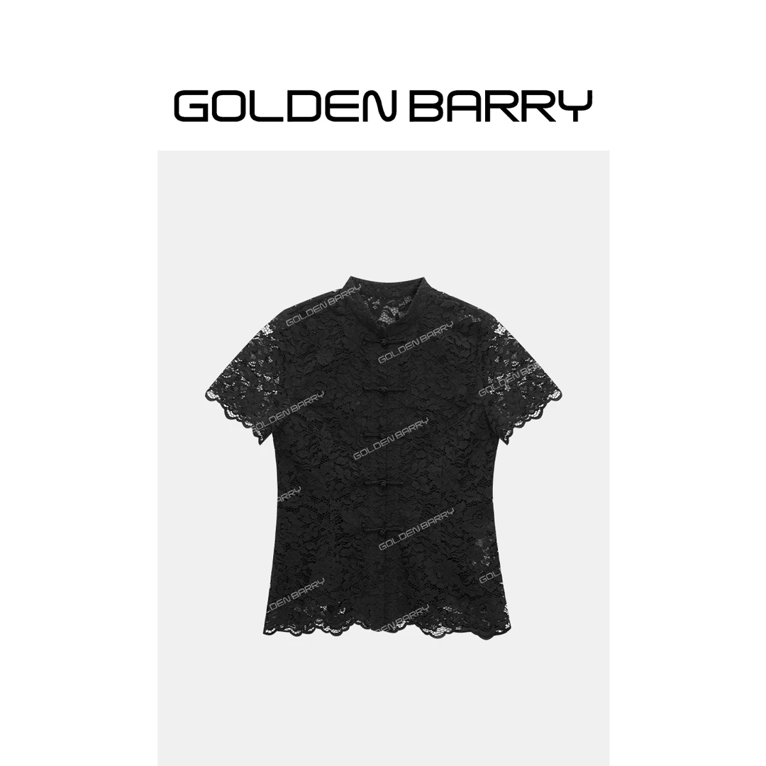 GOLDENBARRY|204029“弦月笼纱”蕾丝中式短袖上衣