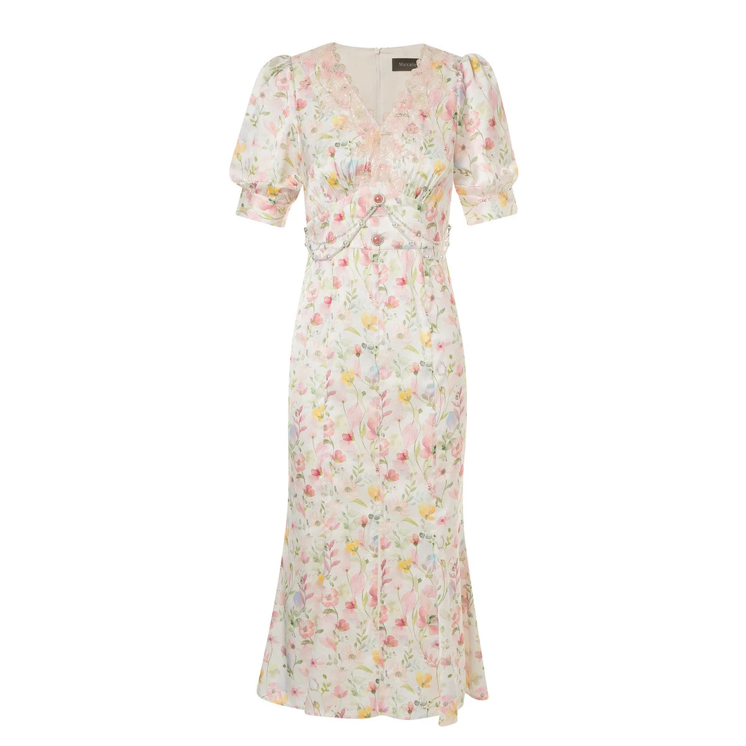 MAXRIENY欧式田园风郁金香连衣裙多巴胺碎花裙子夏