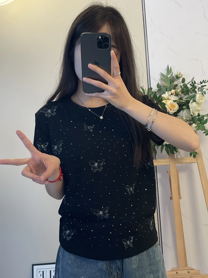 满天星印花蝴蝶~2025夏新款 圆领短袖t恤女百搭显瘦时尚休闲