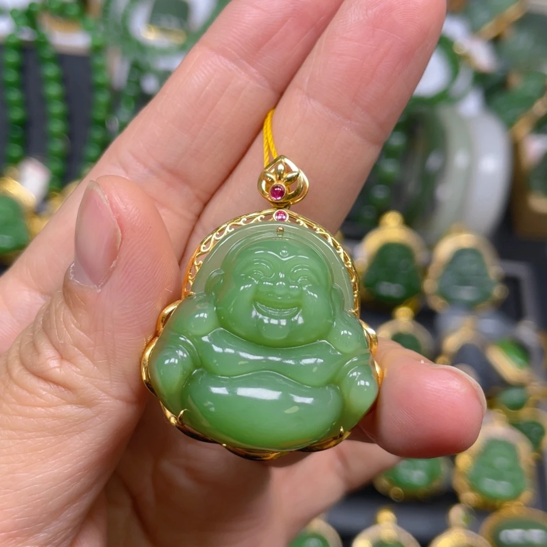 和田玉（碧玉）吊坠(不含链)18K金镶嵌