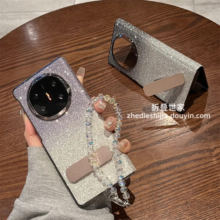 适用华为MateX5渐变闪粉旋转支架手机壳全包翻盖皮套MateX6手链女
