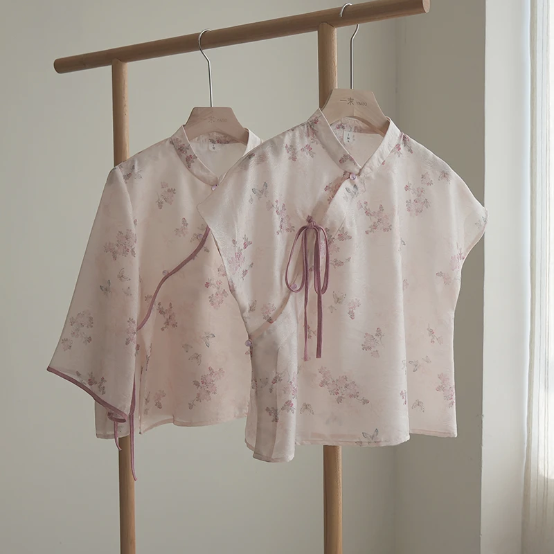 4805《桃之夭夭》原创新中式国风立领斜襟衬衫温柔甜美系带上衣