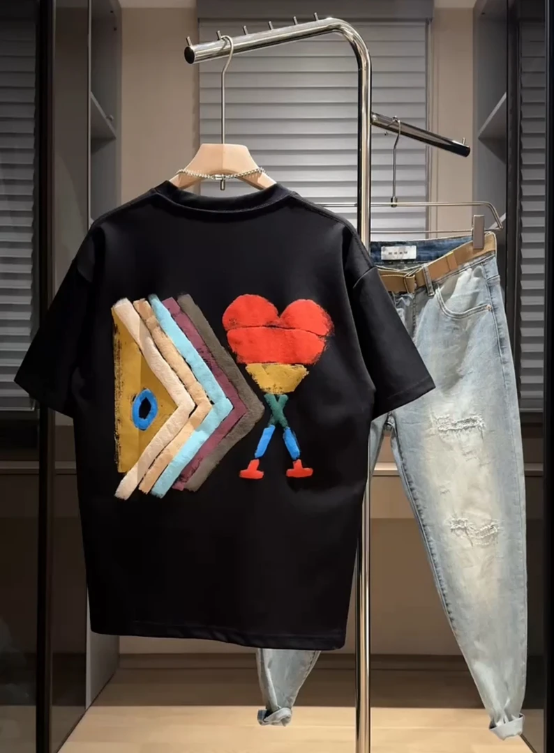 夏季新款2025男士短袖休闲个性印花圆领上衣百搭半袖潮牌打底T恤