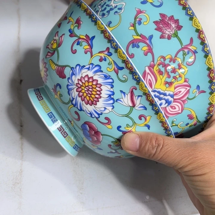 骨瓷珐琅彩绿色六寸面碗两个微瑕