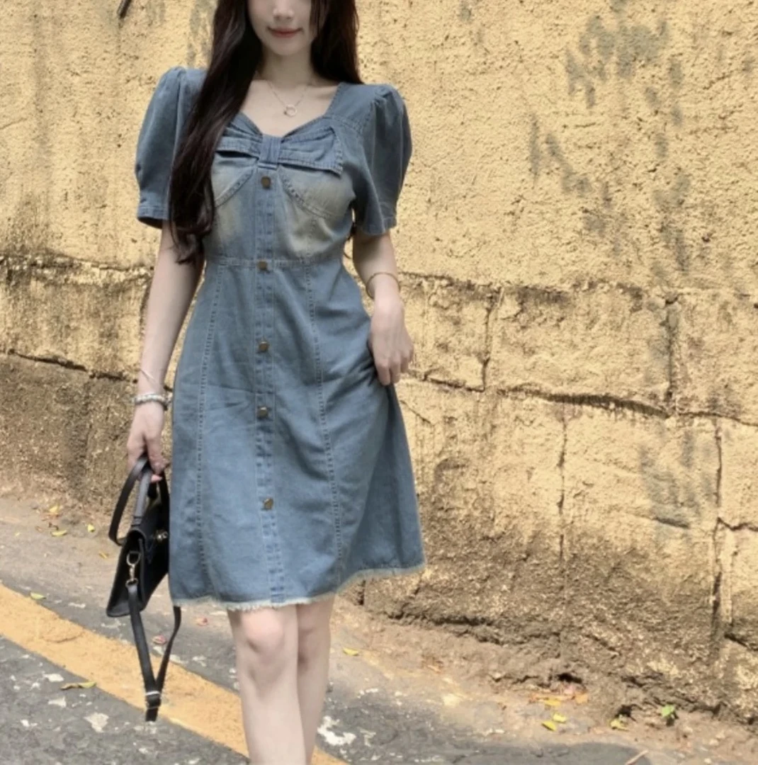 0755#法式方领牛仔连衣裙女夏设计感小众气质收腰泡泡袖连衣裙
