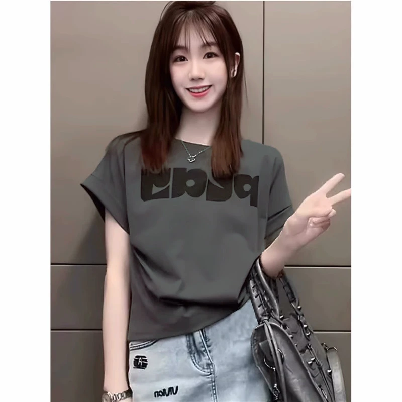 小众女装短袖女款灰色爆款2025新款圆领正肩短袖t恤女别致短款潮
