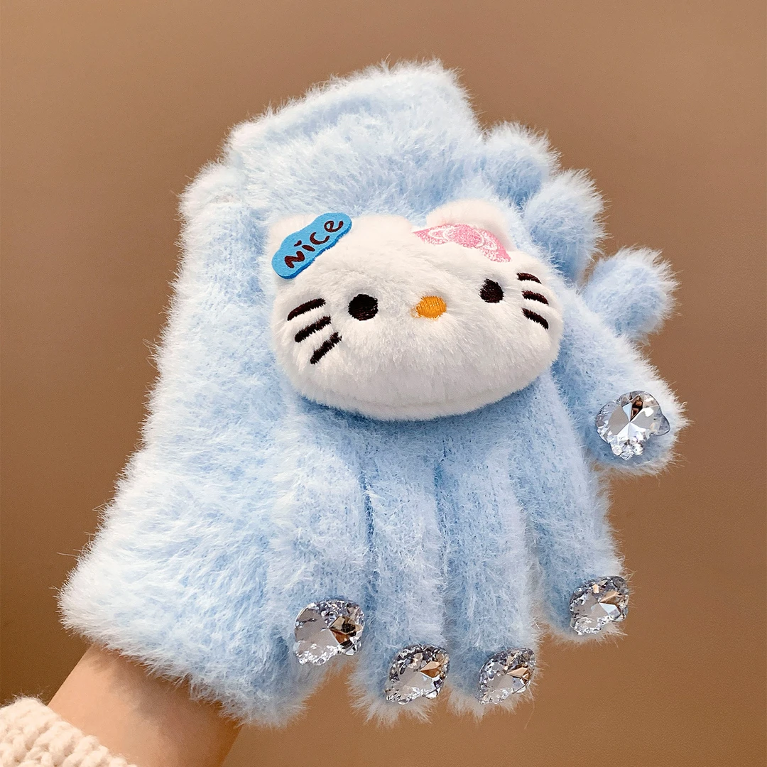 可爱Kitty猫咪水钻蓝色毛绒针织手套女冬季保暖防寒骑车五指分指