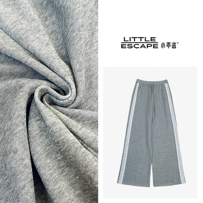 小乖逃灰色裤子拼蕾丝花边灰色休闲长裤 弹力抽绳双口袋 S25208