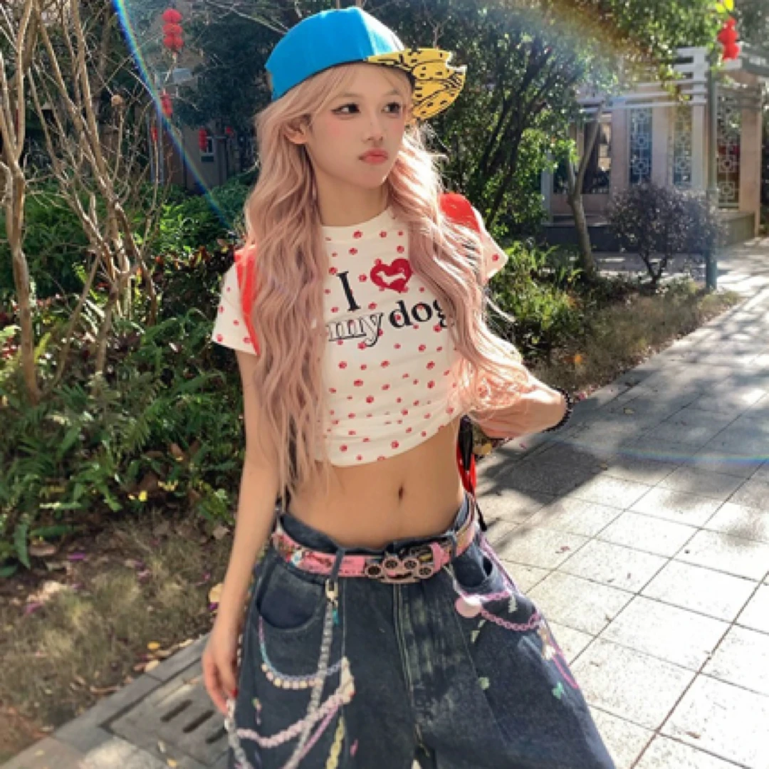 美式复古爱心狗爪满印短袖T恤女春季辣妹修身短款显瘦百搭小上衣