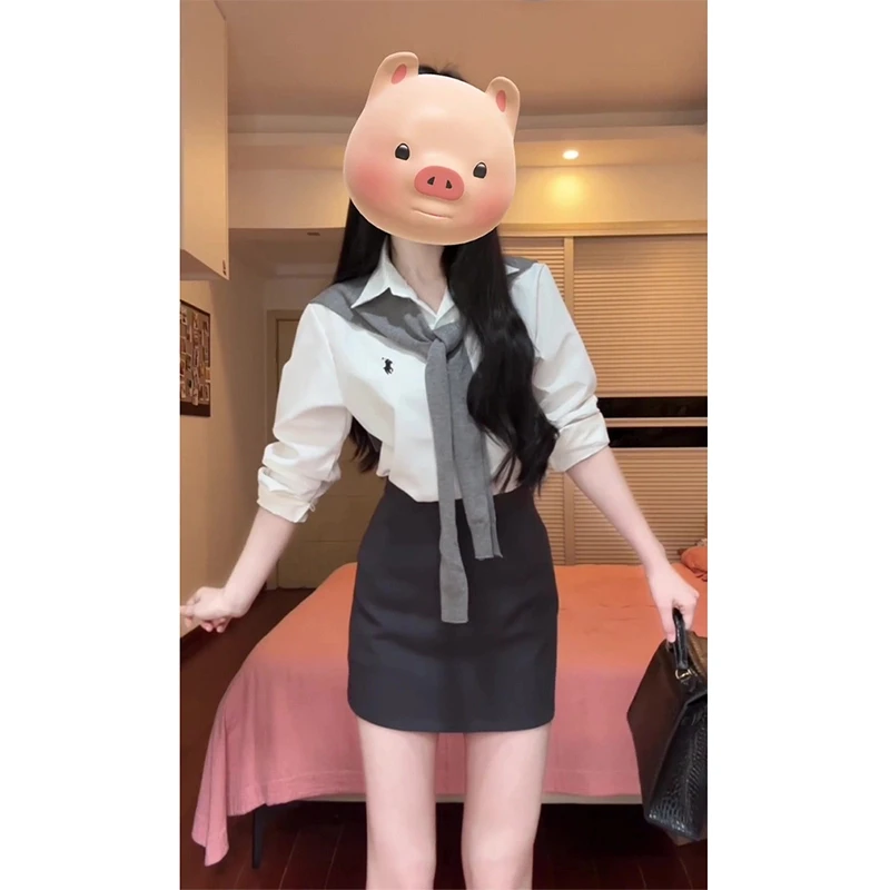 2025春季新款女韩系穿搭翻领衬衫上衣修身针织披肩高腰显瘦半身裙