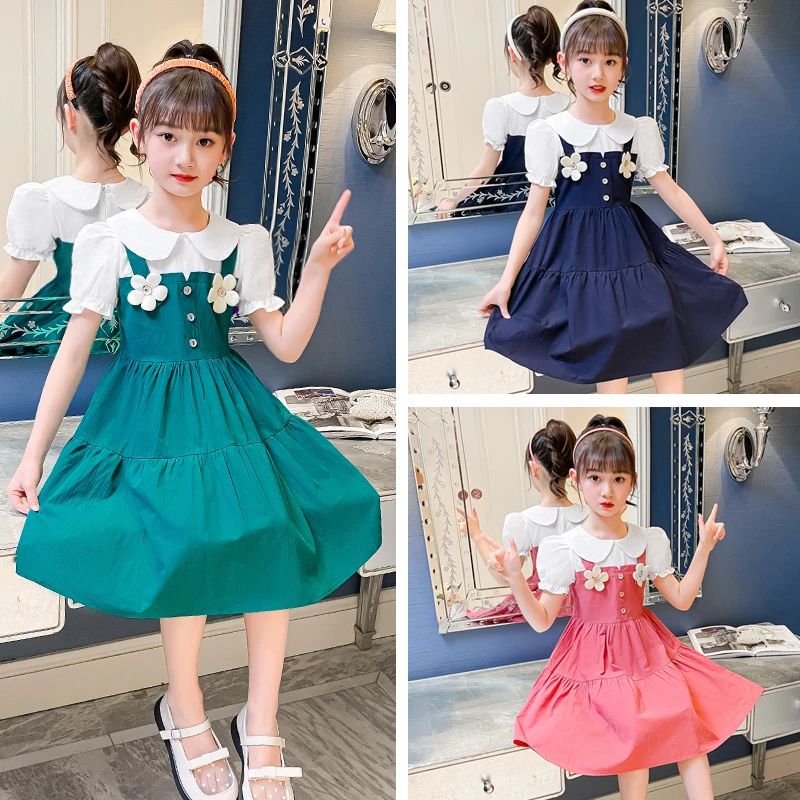 女童新款夏季泡泡袖裙子假两件公主裙洋气小女孩棉布裙