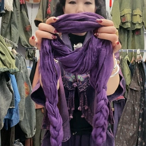 刺绣招财猫麻吸汗小辫子围巾紫