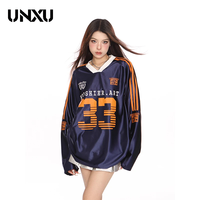 UNXU美式撞色v领长袖T恤女春季blokette运动风情侣设计感球衣上衣