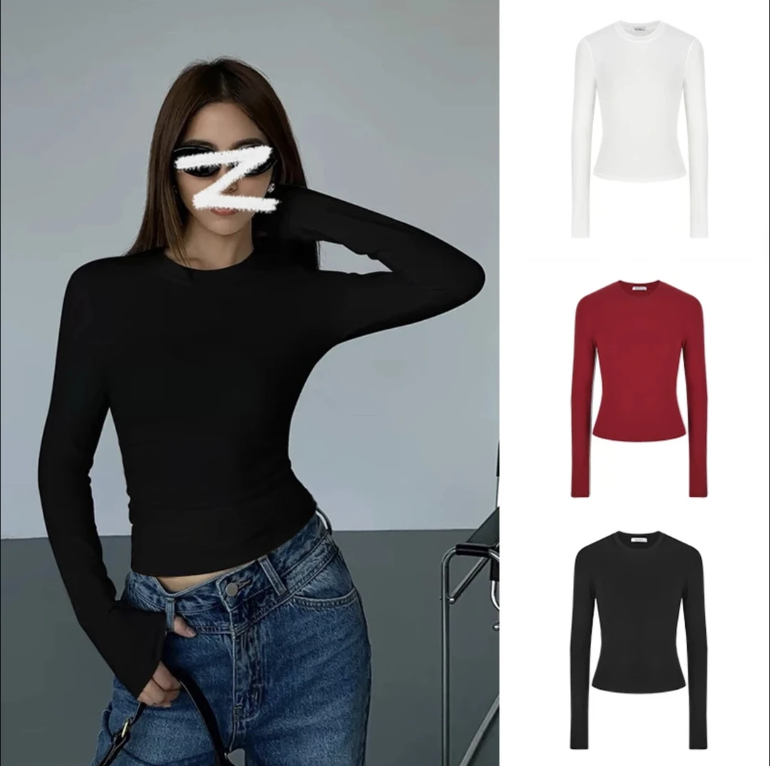 【现货+运费险】掐腰长袖T恤女秋冬正肩修身显瘦百搭打底衫上衣女