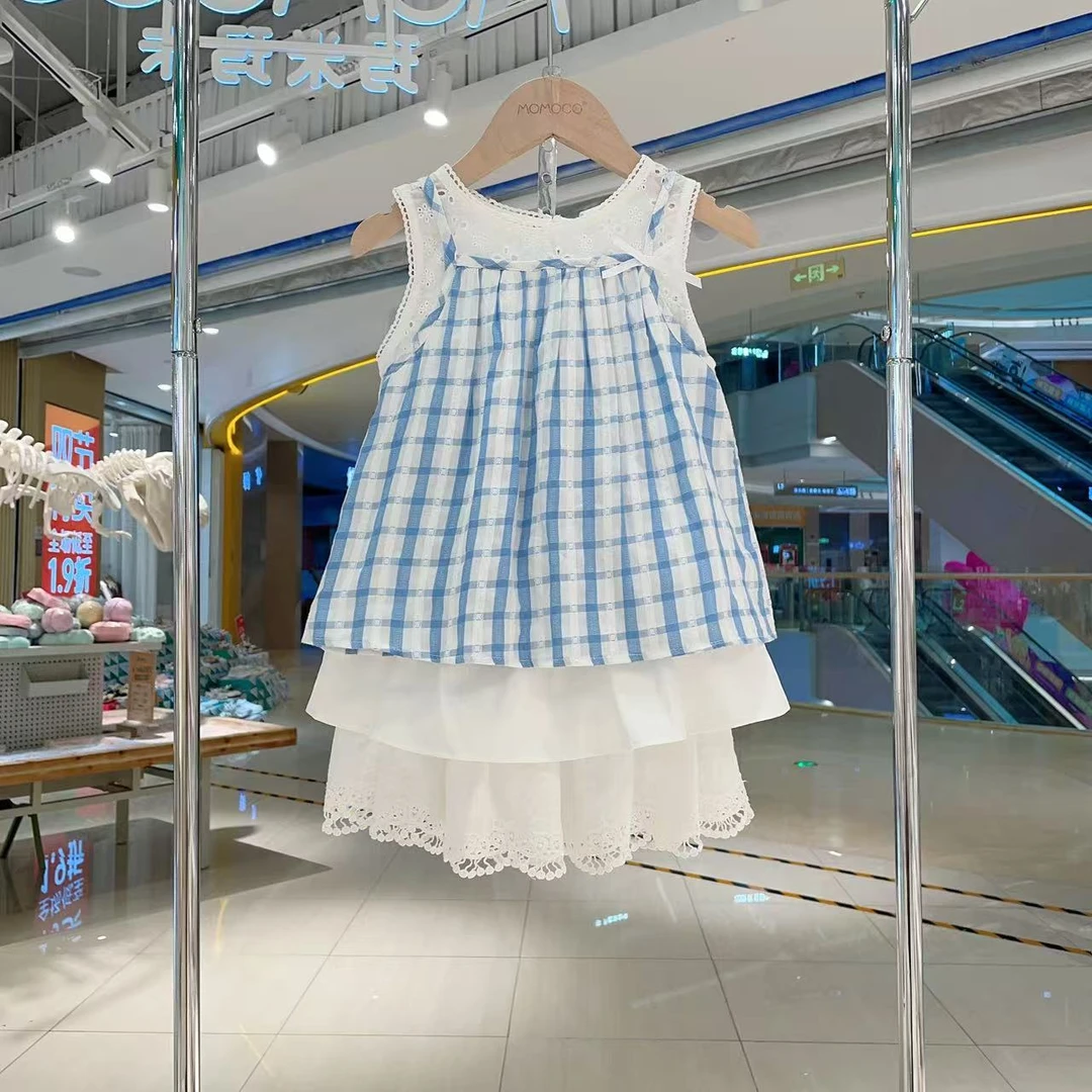 MOMOCO女童夏季韩版小裙甜美格子两件套儿童休闲套装77680580003