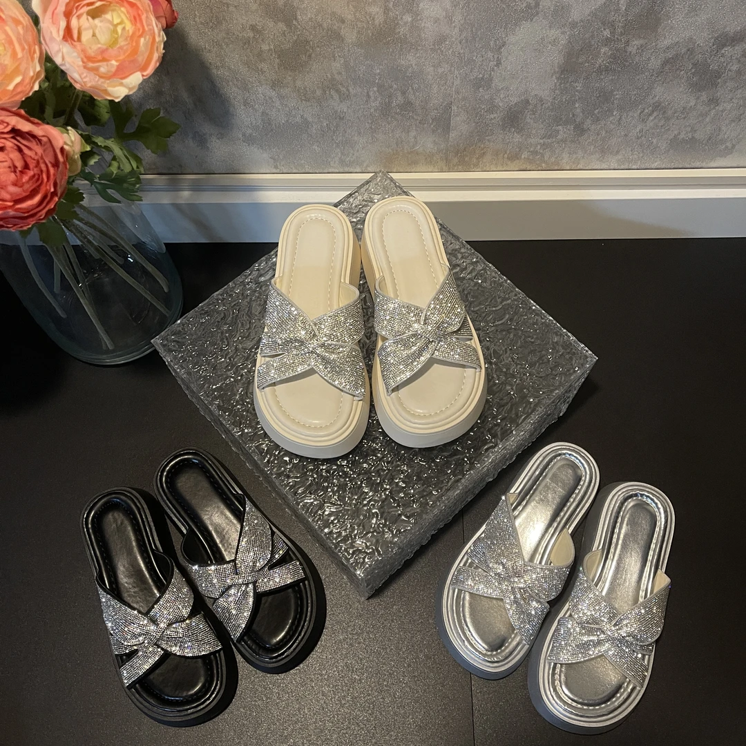 2025夏季新款绝美气质交叉水钻高级感亮闪闪百搭厚底舒适拖鞋-5CM
