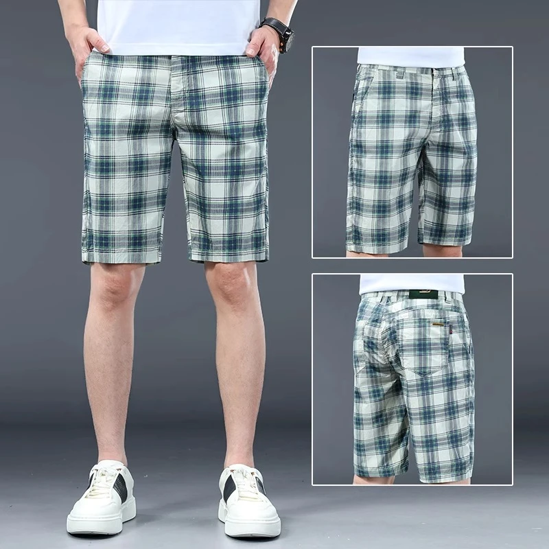 潮牌夏季新款高端格子短裤子男修身直筒舒适百搭商务休闲五分中裤