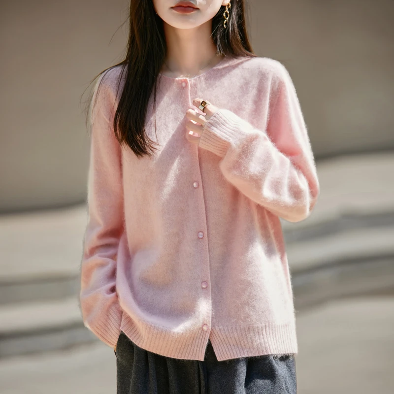 2025年秋冬无缝拉毛开衫女圆领针织外套100%纯羊毛休闲 NJR2110