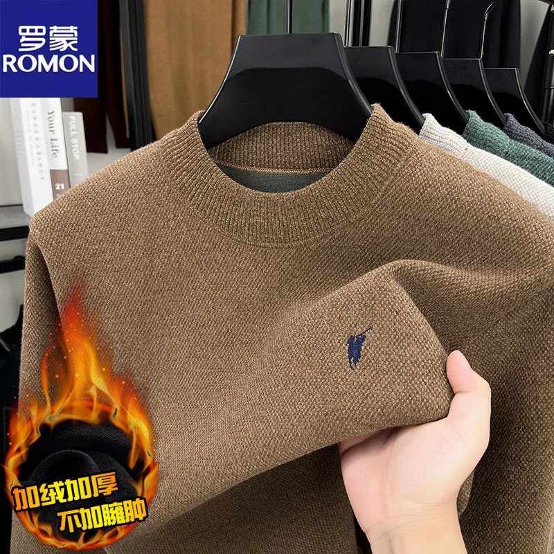 罗蒙2025冬季新款加绒加厚针织毛衣中年男士半高领针织衫上衣冬装
