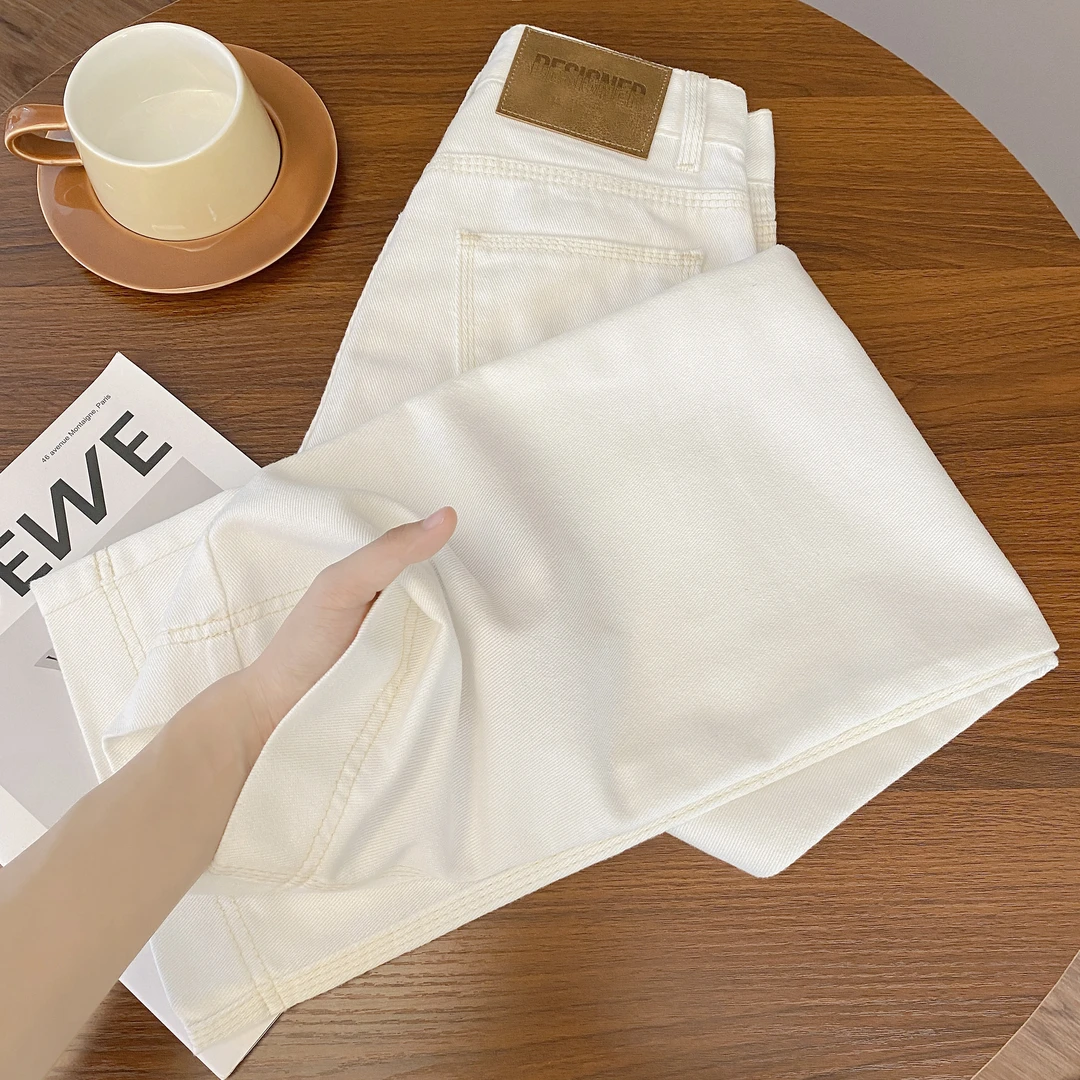 2025秋季新款白色牛仔裤女时尚百搭高腰显瘦窄版阔腿直筒裤8208