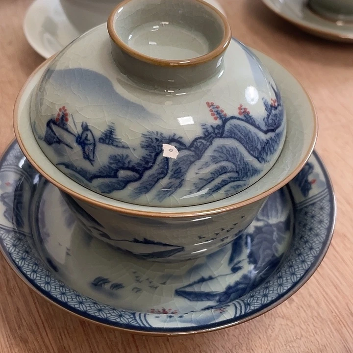 杯风**心老淘泥山水元宝高足盖碗