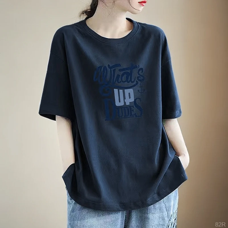 微胖t恤100%纯棉夏季新款大码宽松显瘦休闲百搭圆领印花短袖t恤女