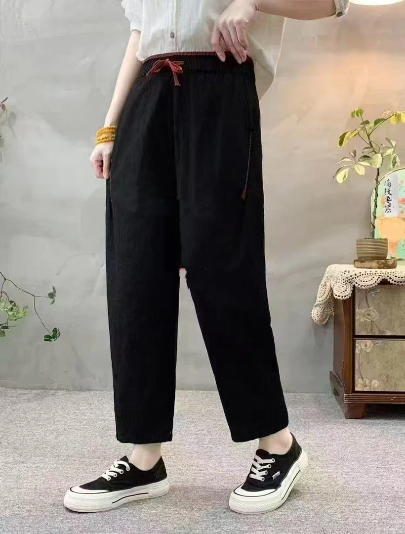 086夏季薄款复古时尚高腰九分直筒休闲裤百搭舒适