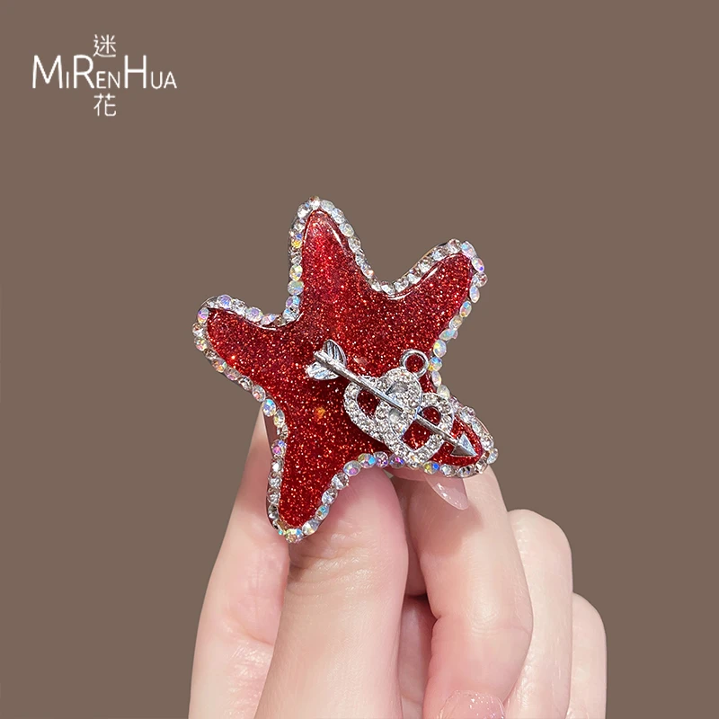 韩国可爱红色卡通海星爱心发夹水钻碎发高级刘海夹侧边夹鸭嘴夹