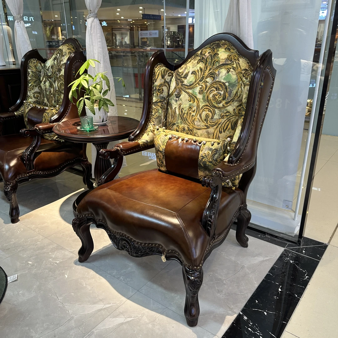 【品牌代工】庄园KP1717美式风格休闲椅头层牛皮加布艺美式休闲沙发