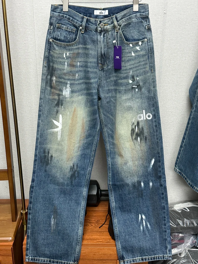 高品质水洗做旧手绘泼墨宽松直筒牛仔长裤-A82