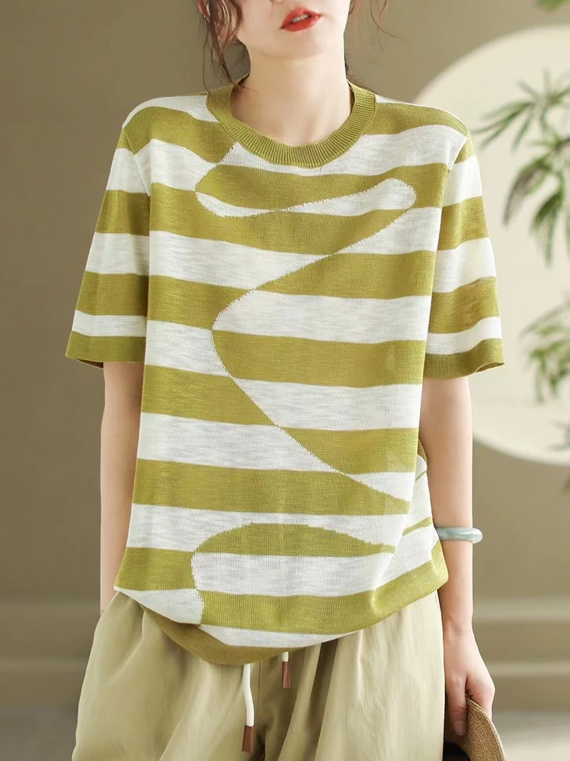 百搭半袖加大加宽棉麻短袖洋气针织条纹夏季上衣针织衫薄款时尚
