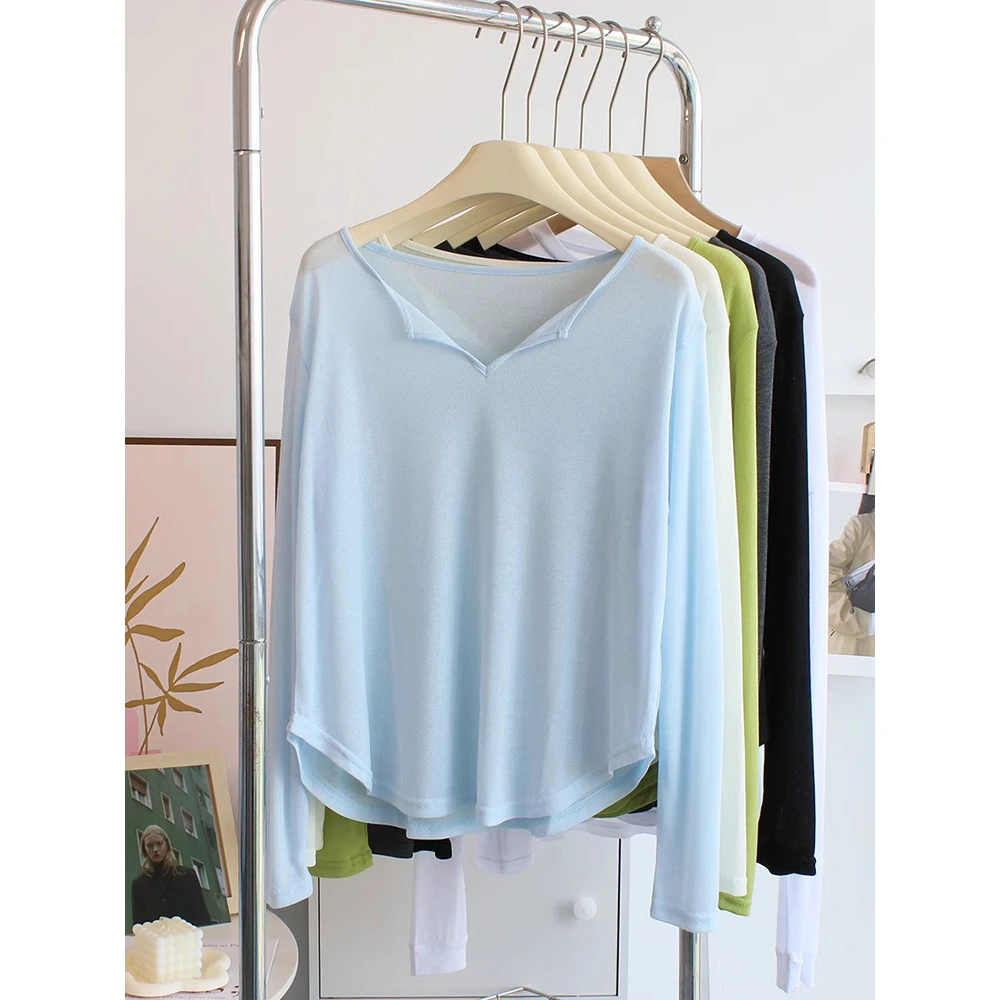 春季2025休闲慵懒V领正肩长袖t恤宽松上衣百搭韩版松弛感防晒罩衫