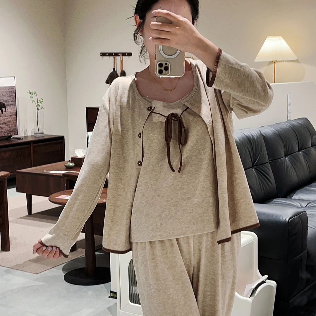 浪漫春天薄绒长袖吊带睡衣带杯垫三件套纯色保暖舒适亲肤套装2629