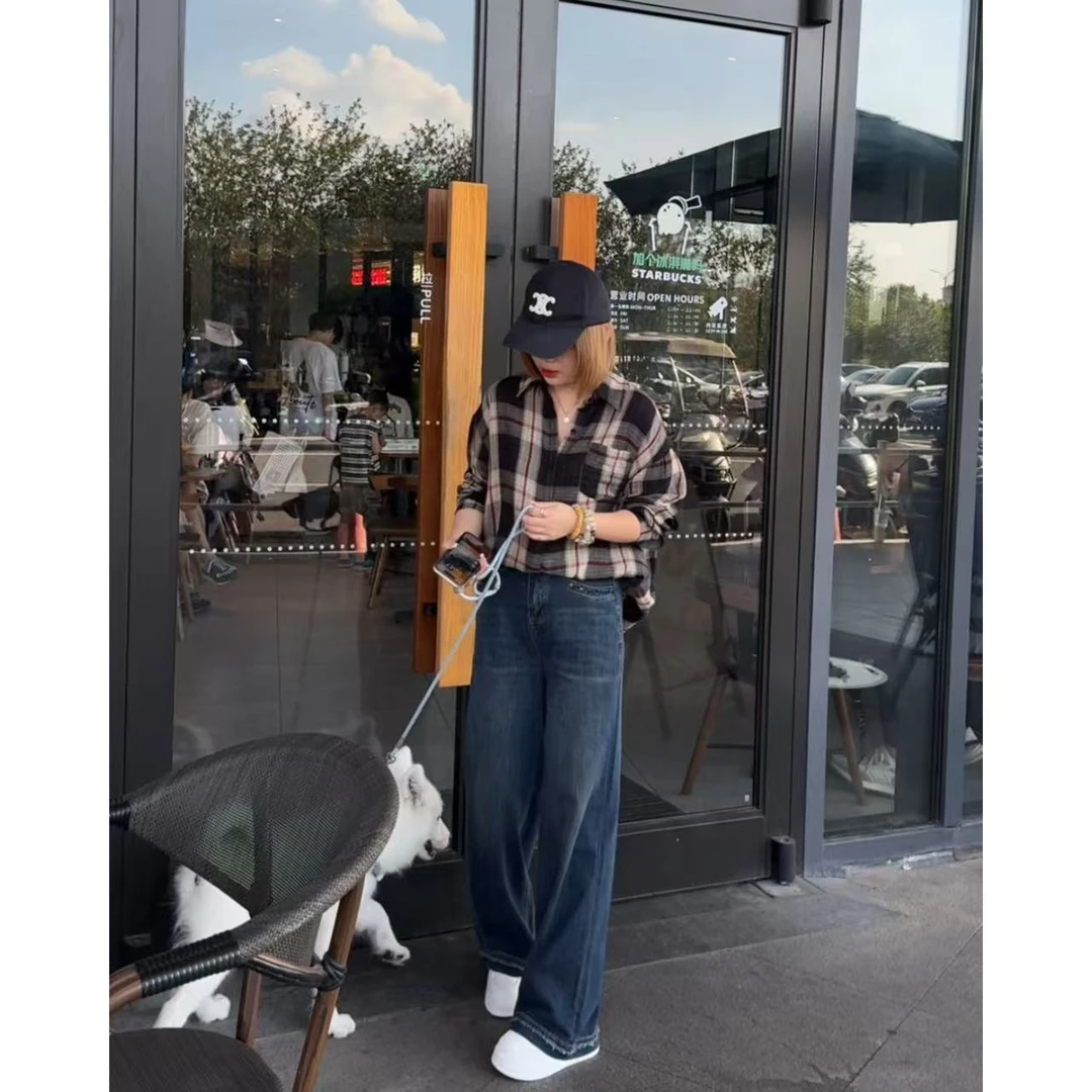 玳妮【格纹衬衫】秋季新款胸前口袋经典格纹衬衫长袖时尚百搭款衬衣
