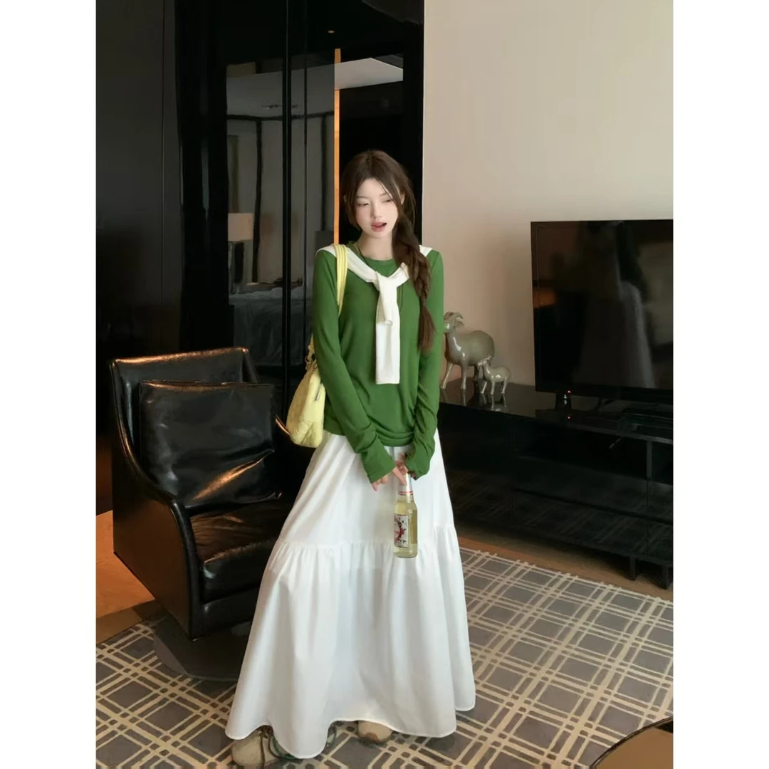 基础苾备糯糯打底正肩长袖T恤~韩系少女半身裙套装~B028