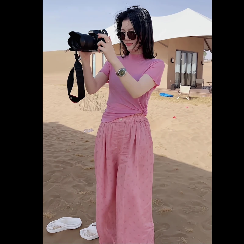 旅行出游休闲套装2025年夏季新款粉色圆领宽松短袖上衣两件套女装
