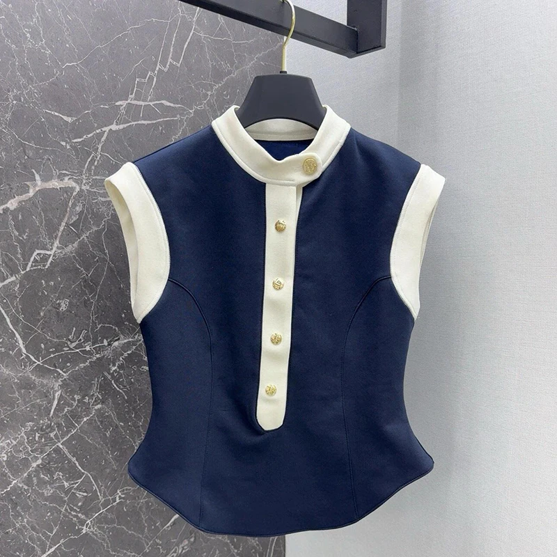 夏季新款高级感气质百搭收腰显瘦无袖上衣欧货洋气时尚T恤女爆款