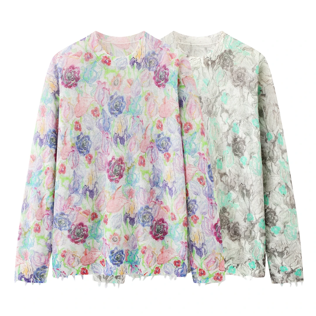 【GAO.G】2026春季新款时尚百搭流苏破洞印花针织衫女