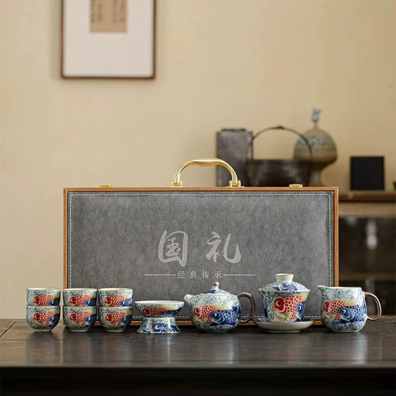中式鱼跃龙门西施壶茶具套装家用高档送礼佳品