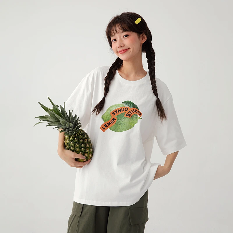 初中生圆领T恤元气学院风清凉水果全棉青少年白色T恤C24BT0005M