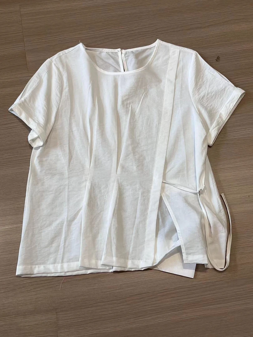 方和屿.短袖系带成人休闲夏季圆领衬衫纯色不规则短款A10-A1070