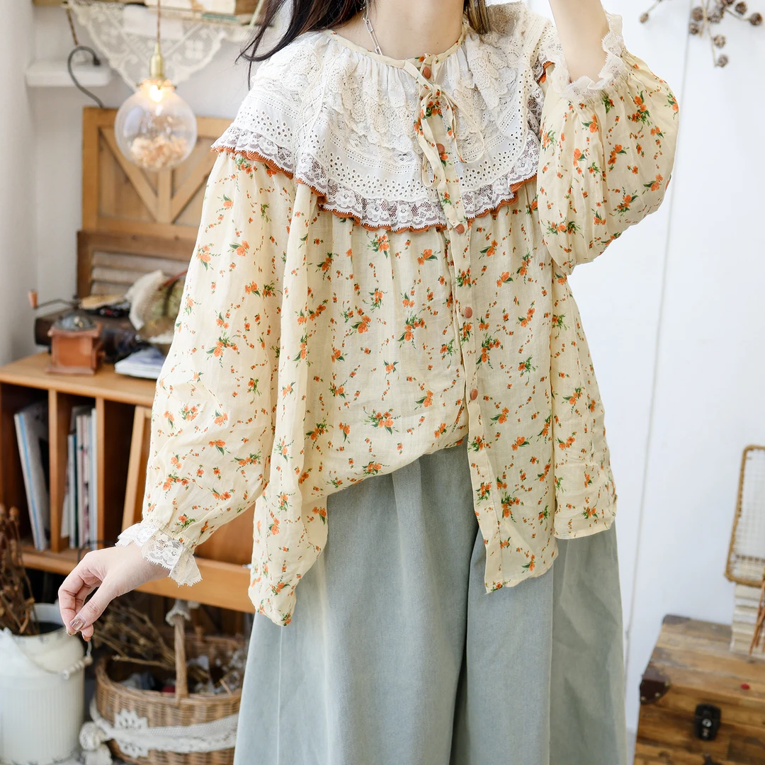 美村日系甜美文艺复古碎花灯笼袖衬衫女宽松蕾丝娃娃衫法式