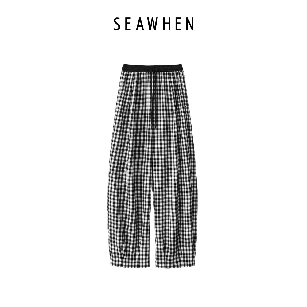 海维恩【格纹松弛裤】夏季新款清凉经典慵懒宽松格纹镰刀裤